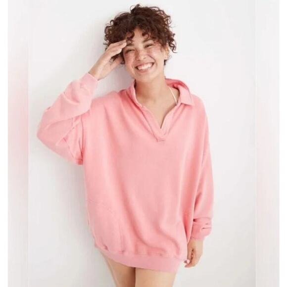 Aerie Coral Oversized V Neck Collared Sweatshirt Size Large - Picture 1 of 5